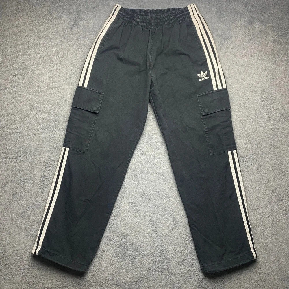 Adidas Originals Pants Mens Small Ripstop Cargo Black White 3 Stripe Trefoil